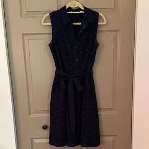 Isaac Mizrahi Navy Midi Dress with Belt and Cotton Eyelet overlay.